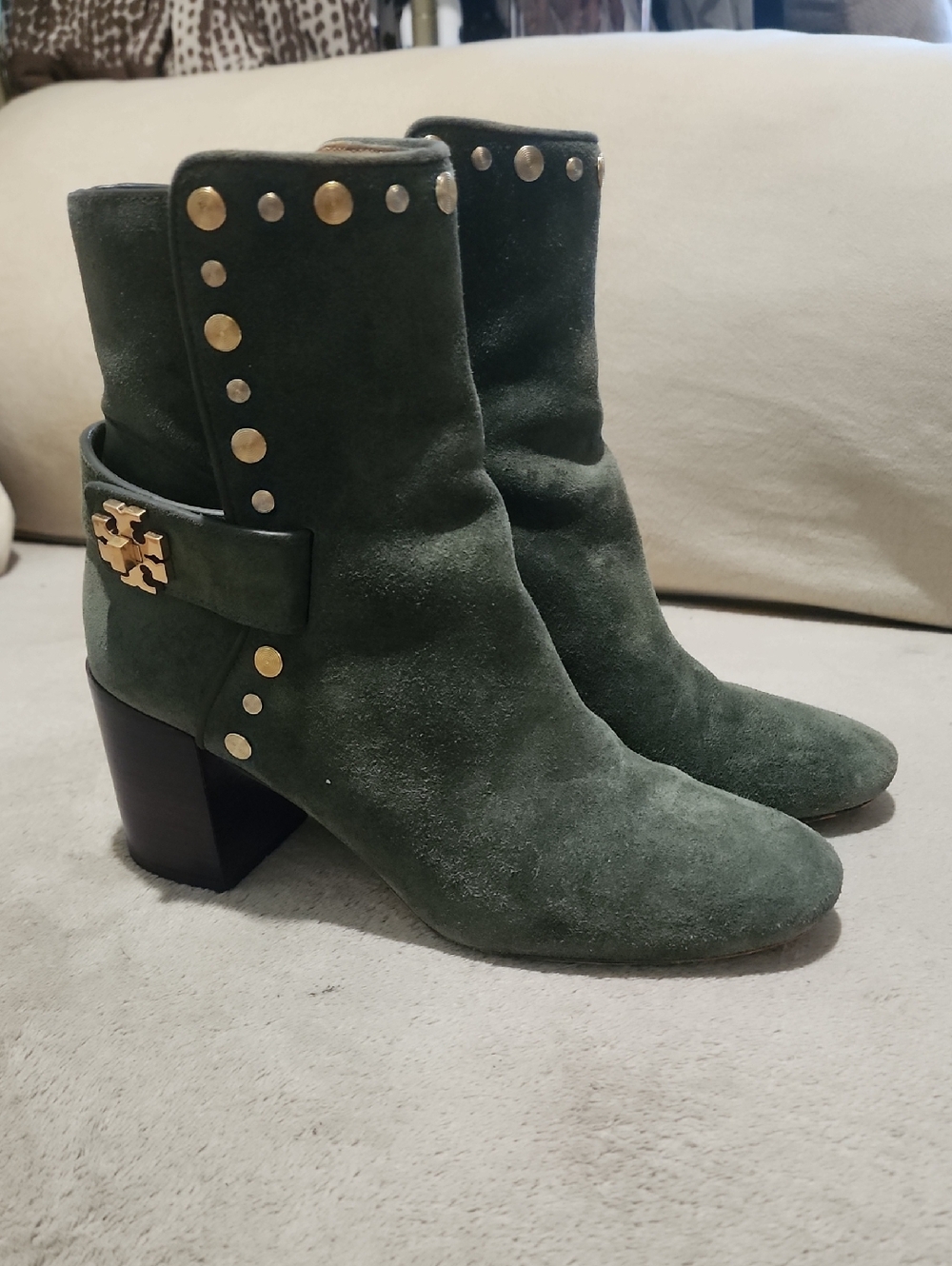 Tory Burch Kira 70mm Stud Suede Bootie in Olive Green - Picture 1 of 12